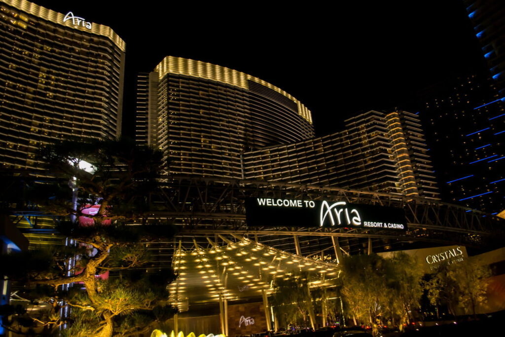 A nighttime view of the ARIA Resort & Casino.
