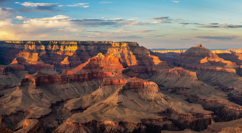 The Grand Canyon during a sunset. 